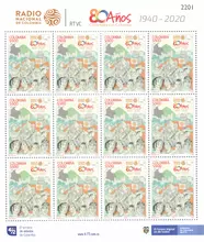 Hoja de 12 estampillas Radio Nacional de Colombia 80 a&ntilde;os