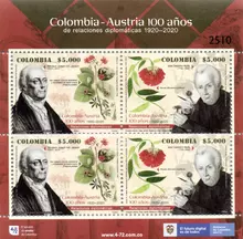 Hoja de 4 estampillas Colombia-Austria 100 años relaciones diplomáticas