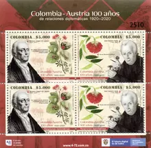 Hoja de 4 estampillas Colombia-Austria 100 a&ntilde;os relaciones diplom&aacute;ticas