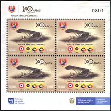 Hoja de 4 estampillas Fuerza A&eacute;rea Colombiana 100 a&ntilde;os
