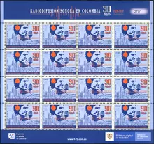 Hoja de 16 estampillas Radiodifusi&oacute;n Sonora en Colombia 90 a&ntilde;os