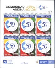 Hoja de 6 estampillas Comunidad Andina - CAN 50 a&ntilde;os
