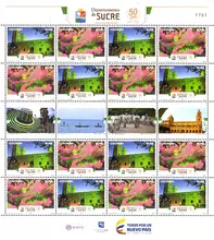 Hoja de 16 estampillas Departamento de Sucre 50 a&ntilde;os