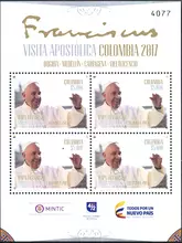 Hoja de 4 estampillas Papa Francisco Visita Apostólica Colombia 2017