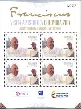 Hoja de 4 estampillas Papa Francisco Visita Apost&oacute;lica Colombia 2017