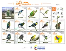 Hoja de 13 estampillas Aves End&eacute;micas de Colombia