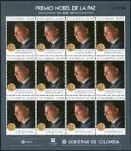 Hoja de 12 estampillas Premio Nobel de la Paz 2016 Juan Manuel Santos