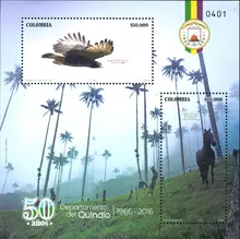 Hoja filat&eacute;lica Departamento del Quind&iacute;o 50 a&ntilde;os