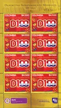Hoja de estampillas Deportivo Independiente Medell&iacute;n 100 a&ntilde;os