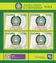 Hoja de estampillas DIJIN Lucha contra la criminalidad