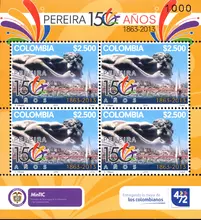 Hoja de estampillas Pereira 150 a&ntilde;os