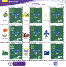 Hoja de estampillas Scouts de Colombia 100 a&ntilde;os