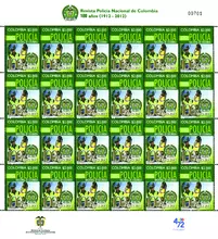 Hoja de estampillas Revista Polic&iacute;a Nacional de Colombia 100 a&ntilde;os