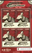 Hoja de 4 estampillas Luis E. Mart&iacute;nez "El Pollo Vallenato"