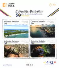 Hoja de 4 estampillas Colombia-Barbados 50 a&ntilde;os relaciones diplom&aacute;ticas