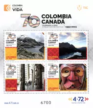 Hoja de 4 estampillas Colombia-Canada 70 años relaciones diplomáticas