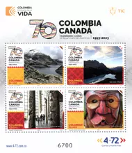 Hoja de 4 estampillas Colombia-Canada 70 a&ntilde;os relaciones diplom&aacute;ticas