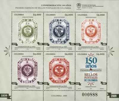11 de 2009. Emisión conmemorativa de la primera emisión de Sellos Postales en Colombia 1859-2009. (01/09/2009)